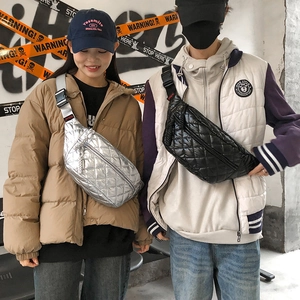 Fashionable quilted crossbody bags in silver and black with adjustable straps for couples