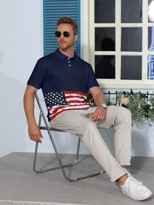 Detail of navy polo shirt with American flag stripes and stars on a casual model