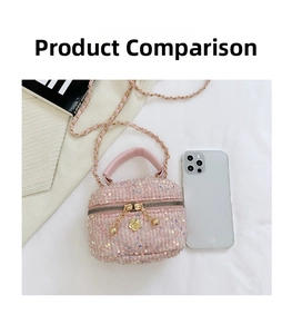 Close-up of pink sequin tweed mini bag with golden camellia charm and chain strap