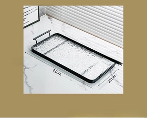 Detail view of a black metal serving tray with water ripple glass and handles, 41x22x4cm