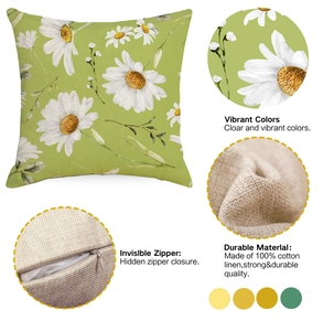 Detail of green floral linen pillow cover showing invisible zipper and fabric texture