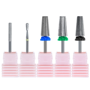 Detailed set of five tungsten steel nail drill bits in various shapes for manicure