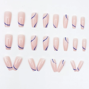 Medium coffin press-on nails with nude base and dark blue irregular wavy stripe design