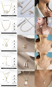 Detail view of five 925 silver pearl necklace designs with baroque and zircon accents