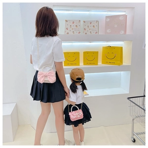 Sacs à main en tweed rose et blanc pour mère et fille avec perles et nœuds décoratifs