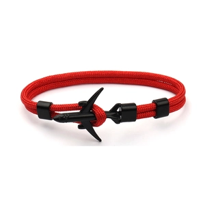 Men's red woven 550 paracord bracelet with black metal airplane charm accessory
