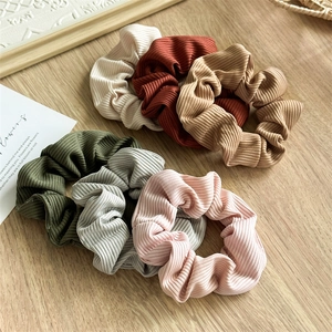 Set of 6 ribbed Morandi color scrunchies in cream brown and green for ponytails