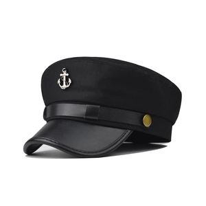 Black nautical sailor hat with silver anchor badge and leather brim for women