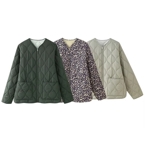 Women's quilted jackets set with round neck and pockets in green, leopard, and gray