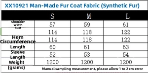 Detailed size chart for women's faux fur jacket with shoulder and bust measurements