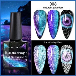 Smalto gel magnetico cat eye 008 che mostra effetti di luce naturale e flash scuro