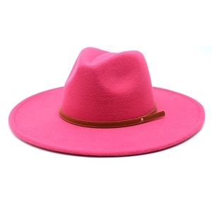 Close-up of wide-brimmed wool fedora hat with brown leather band and silver rivet