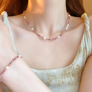 Pink rhodochrosite and freshwater pearl jewelry set with necklace and bracelet