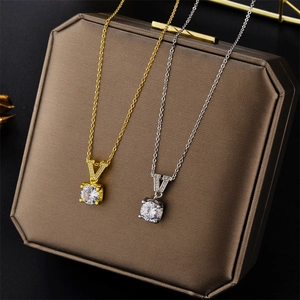 V Shape Pendant Necklace Stainless Steel Round Cubic Zirconia Micro Pave Clavicle Chain Korean Style Jewelry For Women