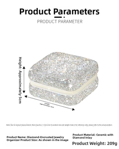 Detailed specs of the rhinestone jewelry storage box showing size and zip closure