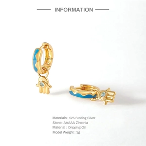 Detail of S925 silver blue enamel Hamsa Hand earrings with AAAAA zircon stones