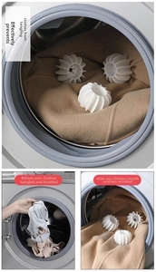Detail view of anti-tangle laundry balls showing before and after washing results in machine