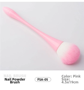 Pink soft bristle nail dust brush with long handle and 4.5x19cm dimensions