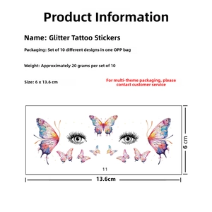 Detail of 10-piece glitter butterfly temporary tattoo set with size and specs info