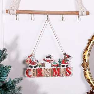 Christmas Wooden Hanging Sign Cartoon Santa Snowman Reindeer Letters Printed Door Wall Home Party Rustic Festive Decor