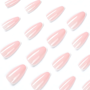 Classic pink almond press-on nails with white French tips in a neat grid display