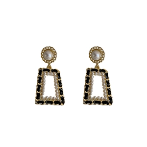 French vintage geometric trapezoid earrings with gold metal, pearls and black leather details