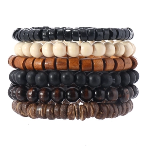 Handmade 6-piece wooden bead and coconut shell bracelet set in multi-layer bohemian style