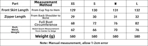 Detailed size chart for mesh tube dress including length bust and waist measurements