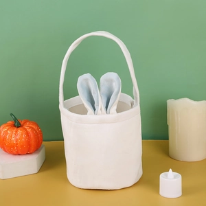Close-up of white plush Easter basket with blue rabbit ears on a bright festive background