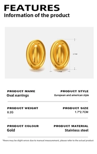 Detailed size specifications for gold oval stainless steel earrings with mirror finish
