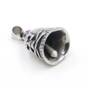 Retro motorcycle guardian bell pendant with skull relief in vintage silver finish