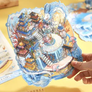 Handheld 3D oriental dragon scene sticker with intricate Chinese architecture and coral