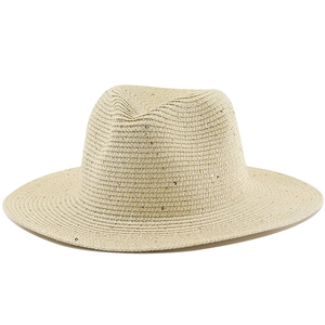Classic straw fedora hat in natural beige with flat brim and sun protection for beach travel