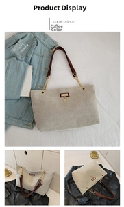 Detailed views of a beige nylon tote bag with coffee leather straps and a gold deer charm