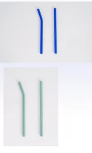 Deep blue and light cyan heat-resistant borosilicate glass straws in straight and curved shapes