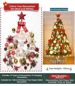 Detailed 41-piece red and white Christmas tree ornament set featuring stars and baubles