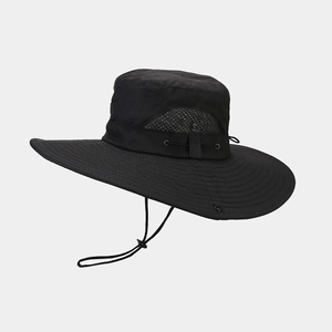 Close-up of black sun hat with breathable mesh panels and durable stitched wide brim