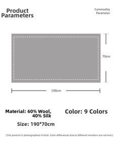 Detailed size and material guide for 190x70cm 60% wool and 40% silk long scarf shawl