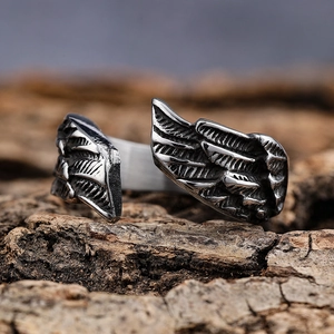 Vintage Angel Wings Feather Open Ring Stainless Steel Adjustable Retro Gothic Punk Hip Hop Jewelry For Men Women
