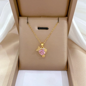 Heart Pendant Necklace With Butterfly Flower Titanium Steel Chain Brass Micro Pave Cubic Zirconia Luxury Jewelry For Women