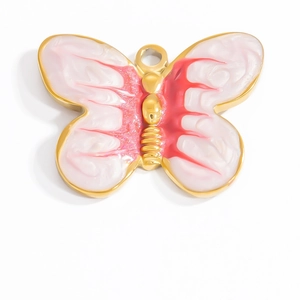 Golden 18K stainless steel butterfly pendant with pink and white enamel inlay