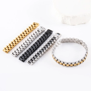 Hip hop style stainless steel watch band bracelet in gold, silver, black and two-tone finishes