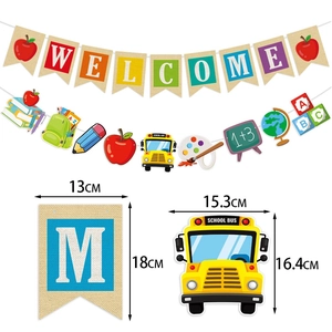 Colorful Welcome Back to School linen banner set with school bus and apple pennants