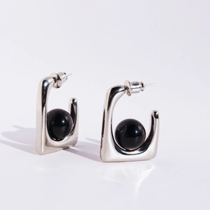 Geometric Square Brass Earrings With Black Agate Bead Minimalist Designer Jewelry For Women 925 Sterling Silver Post