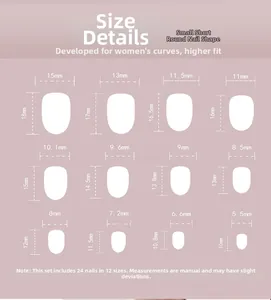 Detailed size guide for short round fake nails showing twelve distinct measurements in mm