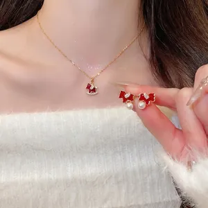 Rocking Horse Necklace And Earrings Copper Real Gold Plated Red Enamel Zircon Artificial Pearl Silver Earring Post For Women