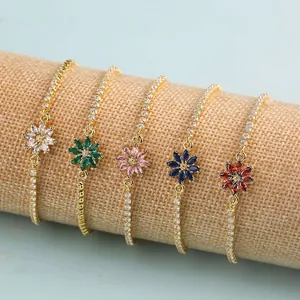 Verstellbare Sonnenblumen-Armbänder aus Gold mit bunten Zirkon-Blättern in fünf Farben