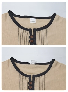 Detail view of khaki linen Henley shirt collar and label with washing instructions