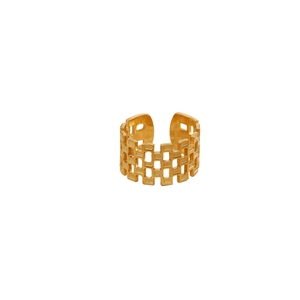 Detail of gold hollow grid ring with modern geometric open-back adjustable design