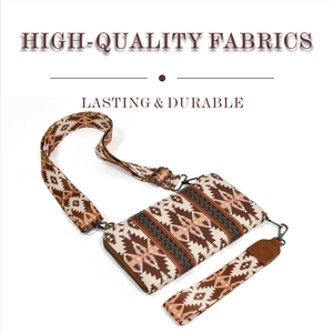 Detail view of ethnic canvas clutch bag showing crossbody strap and wristlet options